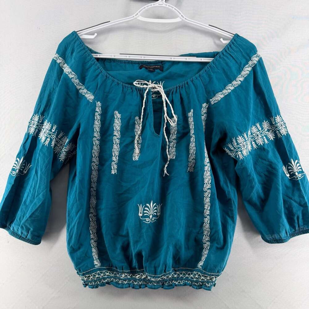 1551 Banana Republic Blouse Size XS Teal Embroidered Peasant